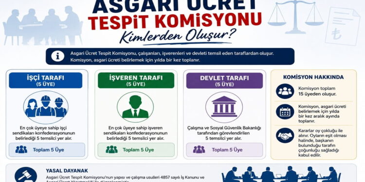 Asgari Ücret Tespit Komisyonu üyeleri, işçi temsilcileri, işveren temsilcileri ve devlet temsilcilerinden oluşur